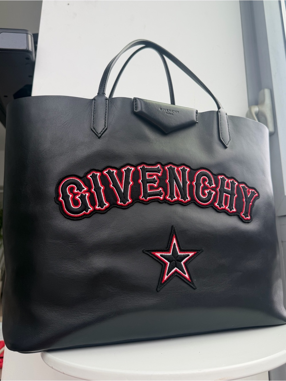 Givenchy Black Leather Tote with Red-Outlined Logo and Star